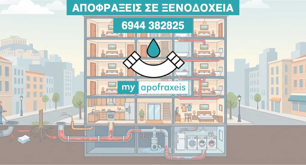 AI-generated εικόνα για το myapofraxeis.gr: Τεχνικός πραγματοποιεί αποφράξεις σε ξενοδοχεία