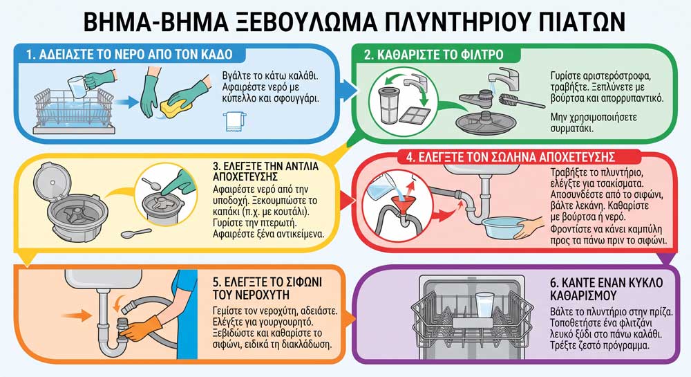 Πώς ξεβουλώνω το πλυντήριο πιάτων που δεν αδειάζει.